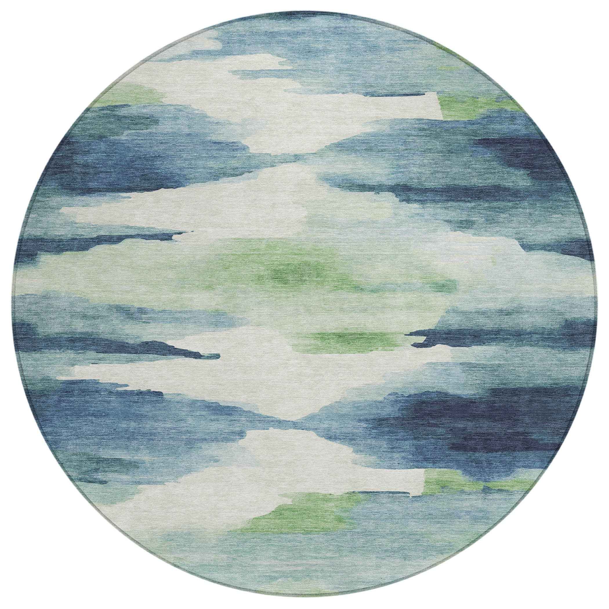 8' Blue Ivory And Green Round Abstract Washable Indoor Outdoor Area Rug