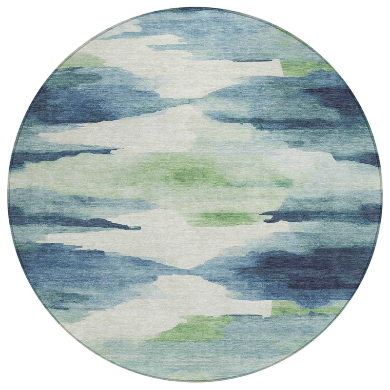 8' Blue Ivory And Green Round Abstract Washable Indoor Outdoor Area Rug