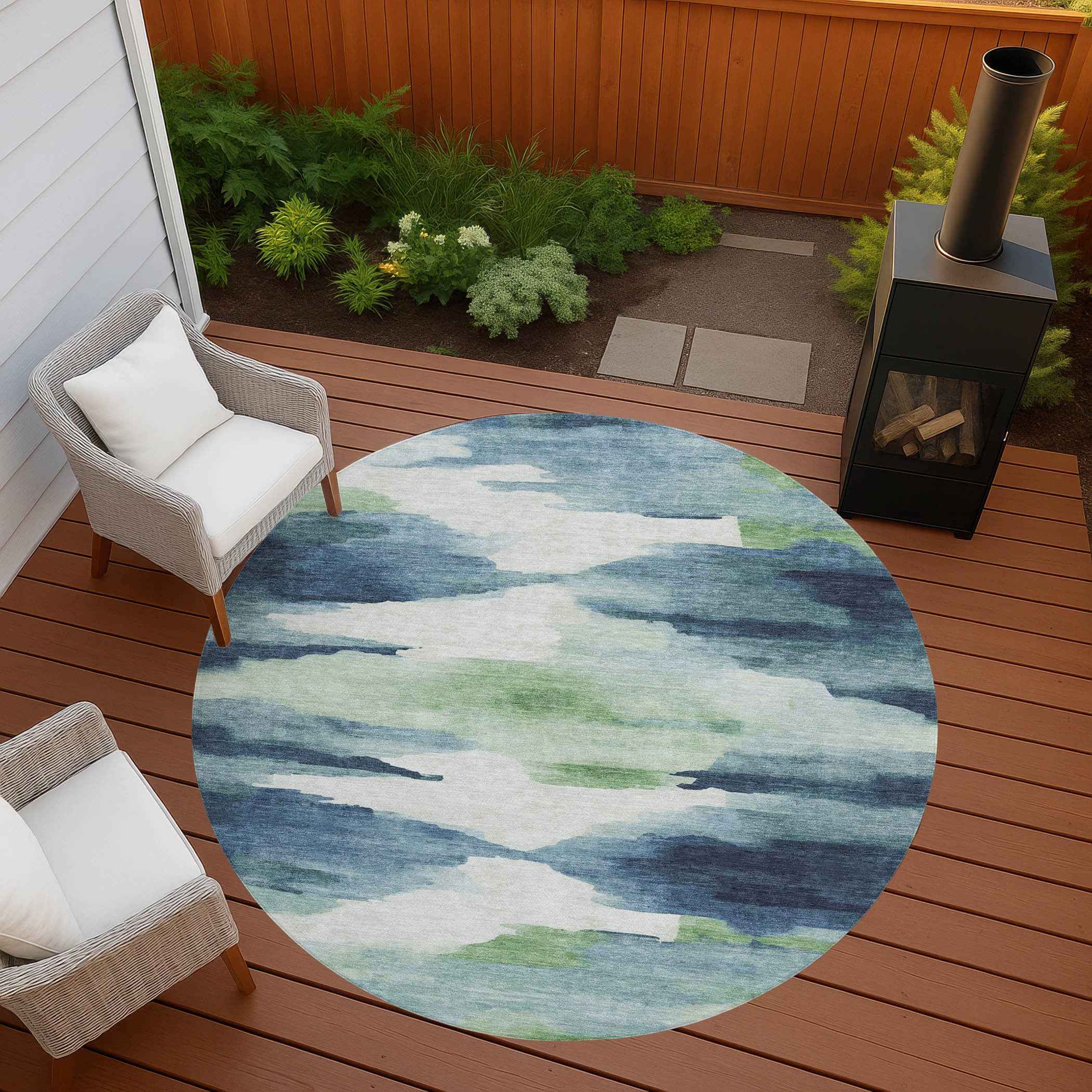 8' Blue Ivory And Green Round Abstract Washable Indoor Outdoor Area Rug