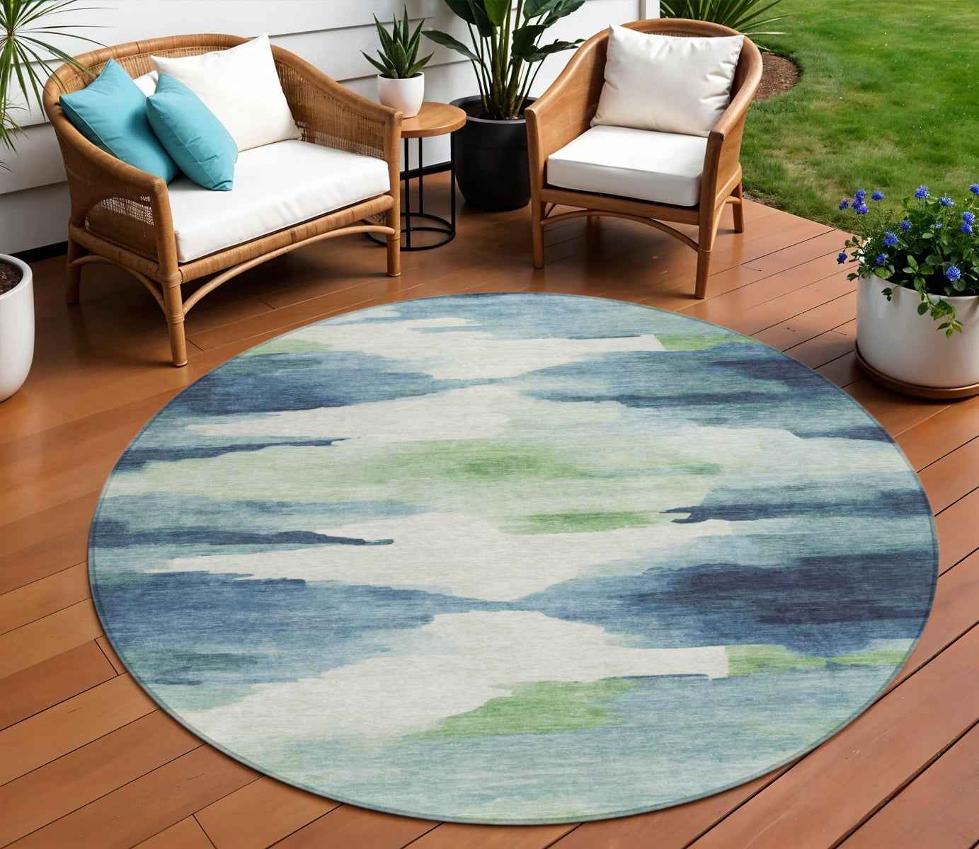 8' Blue Ivory And Green Round Abstract Washable Indoor Outdoor Area Rug