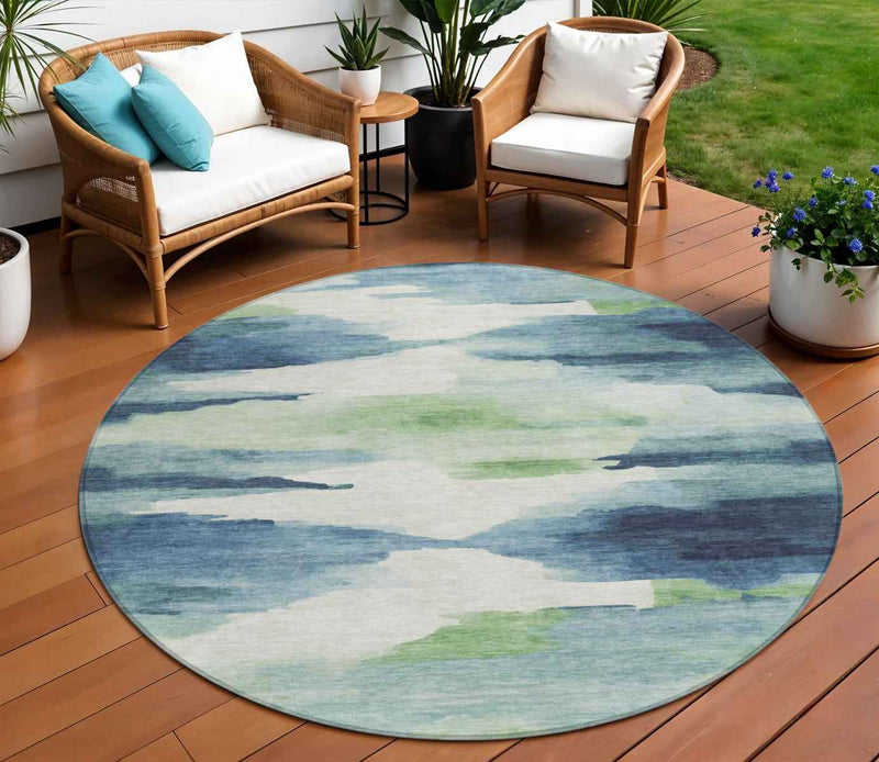 8' Blue Ivory And Green Round Abstract Washable Indoor Outdoor Area Rug