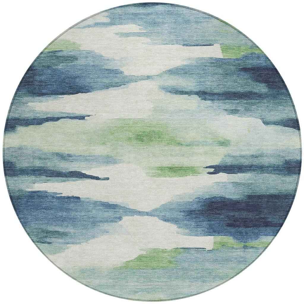 8' Blue Ivory And Green Round Abstract Washable Indoor Outdoor Area Rug