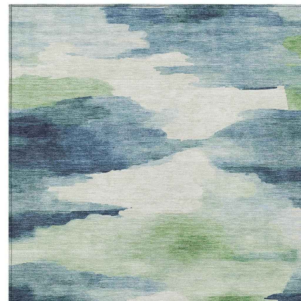 10' X 14' Blue Ivory And Green Abstract Washable Indoor Outdoor Area Rug