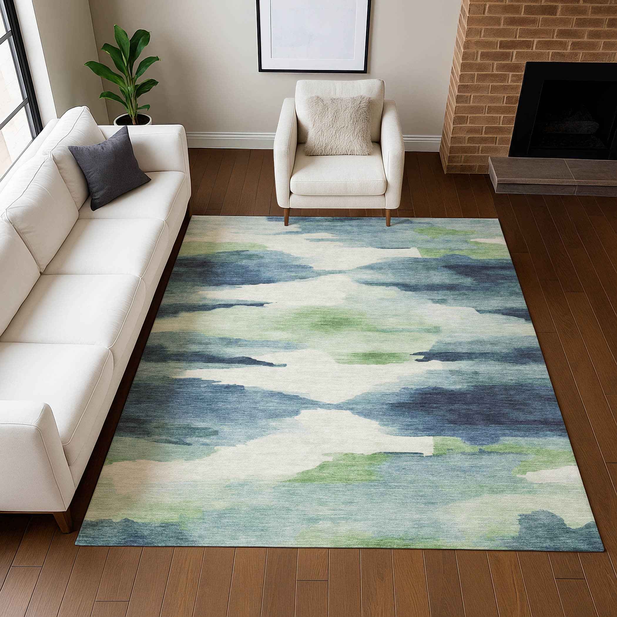 10' X 14' Blue Ivory And Green Abstract Washable Indoor Outdoor Area Rug