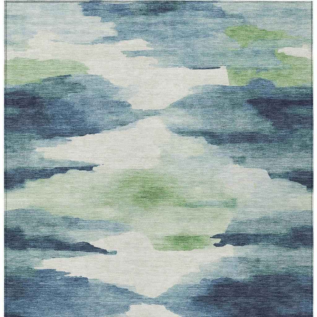 10' X 14' Blue Ivory And Green Abstract Washable Indoor Outdoor Area Rug