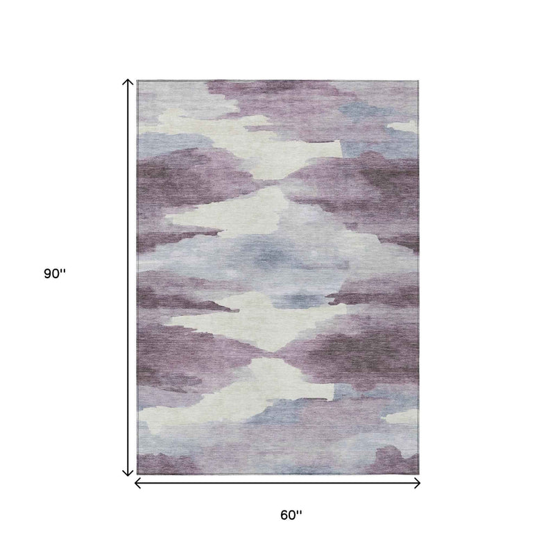 5' X 8' Plum And Ivory Abstract Washable Indoor Outdoor Area Rug