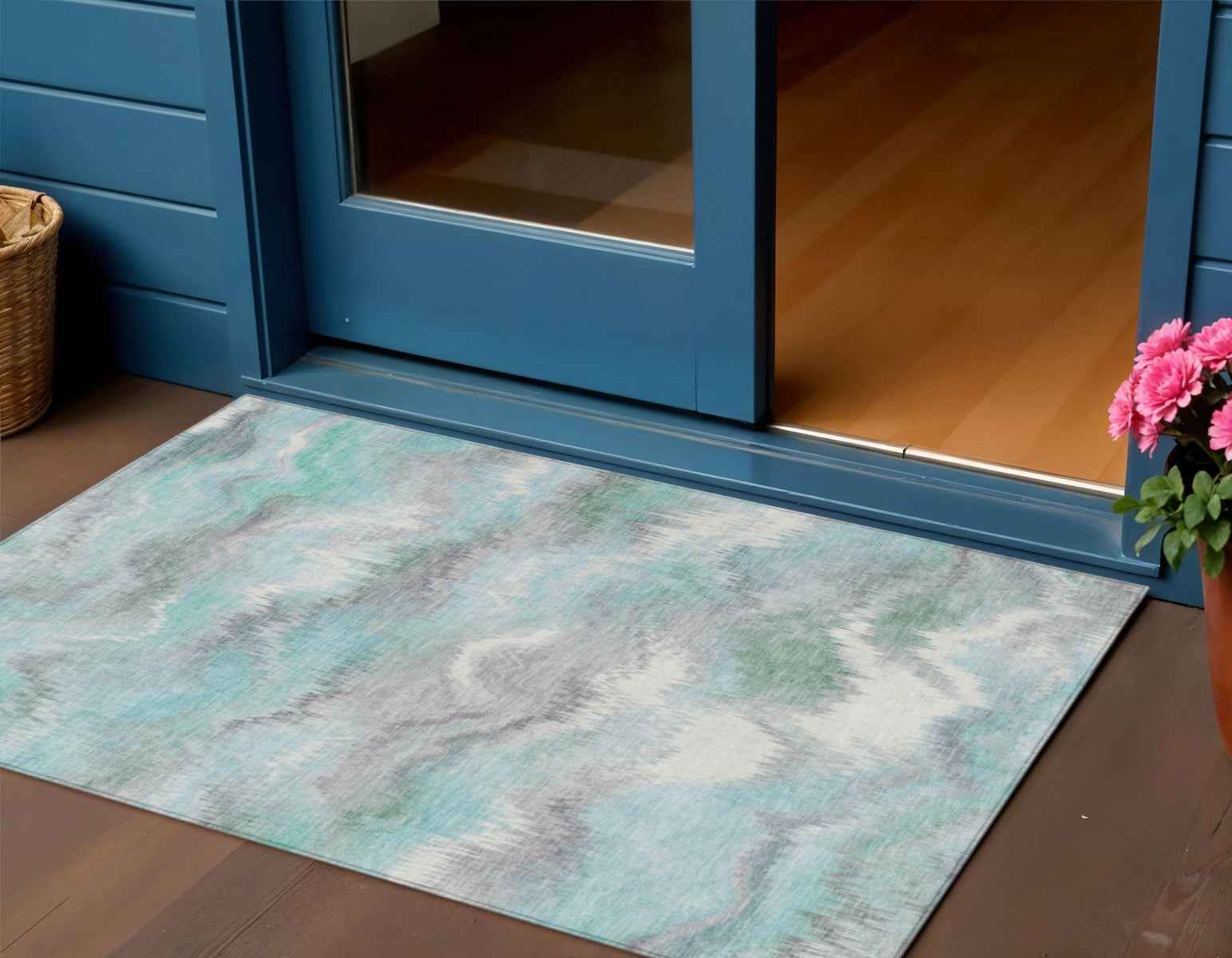 3' X 5' Teal Blue And Ivory Abstract Washable Indoor Outdoor Area Rug