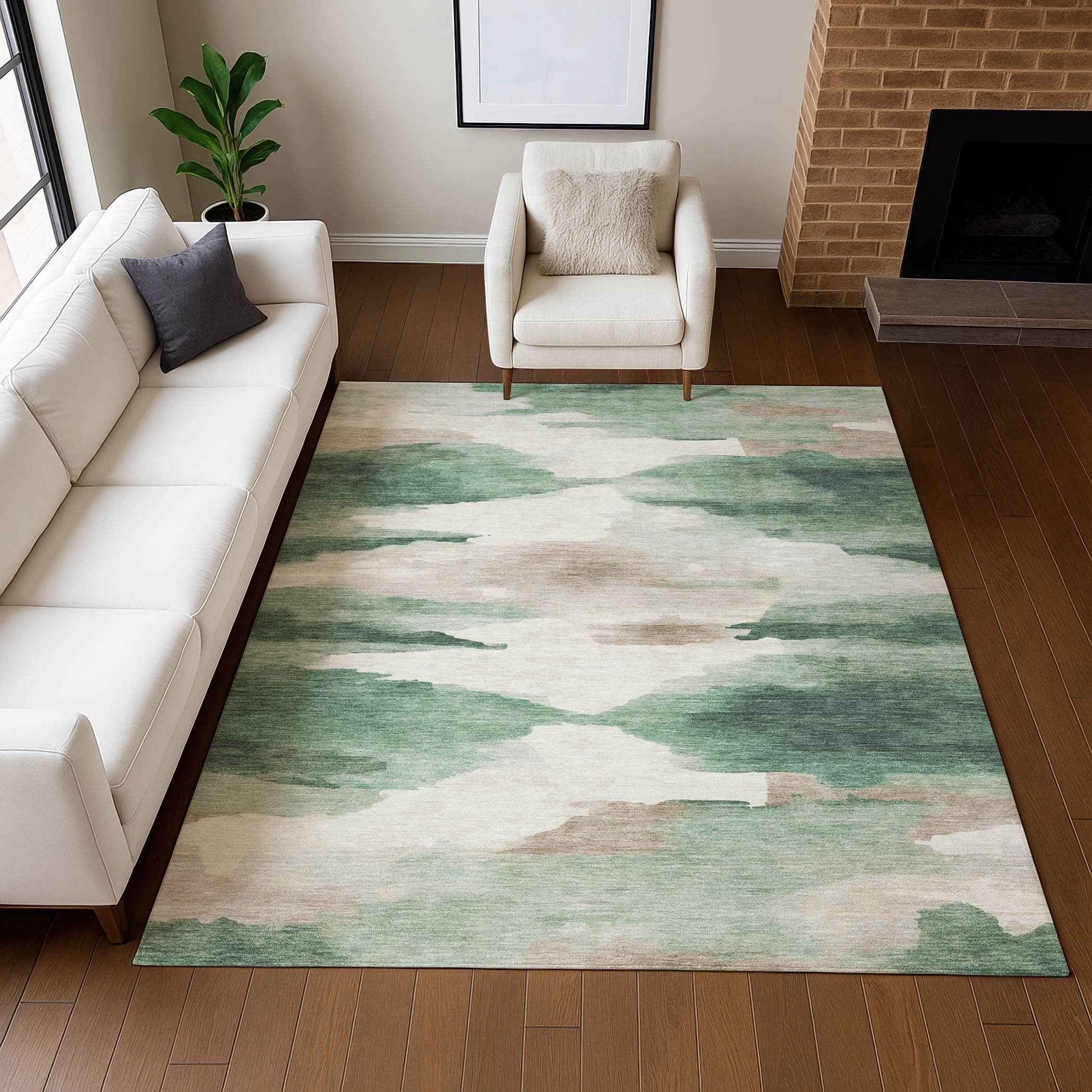 8' X 10' Green And Ivory Abstract Washable Indoor Outdoor Area Rug