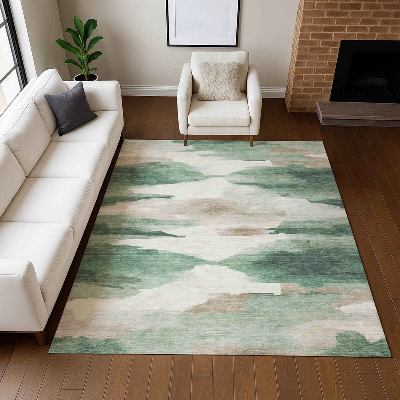 8' X 10' Green And Ivory Abstract Washable Indoor Outdoor Area Rug