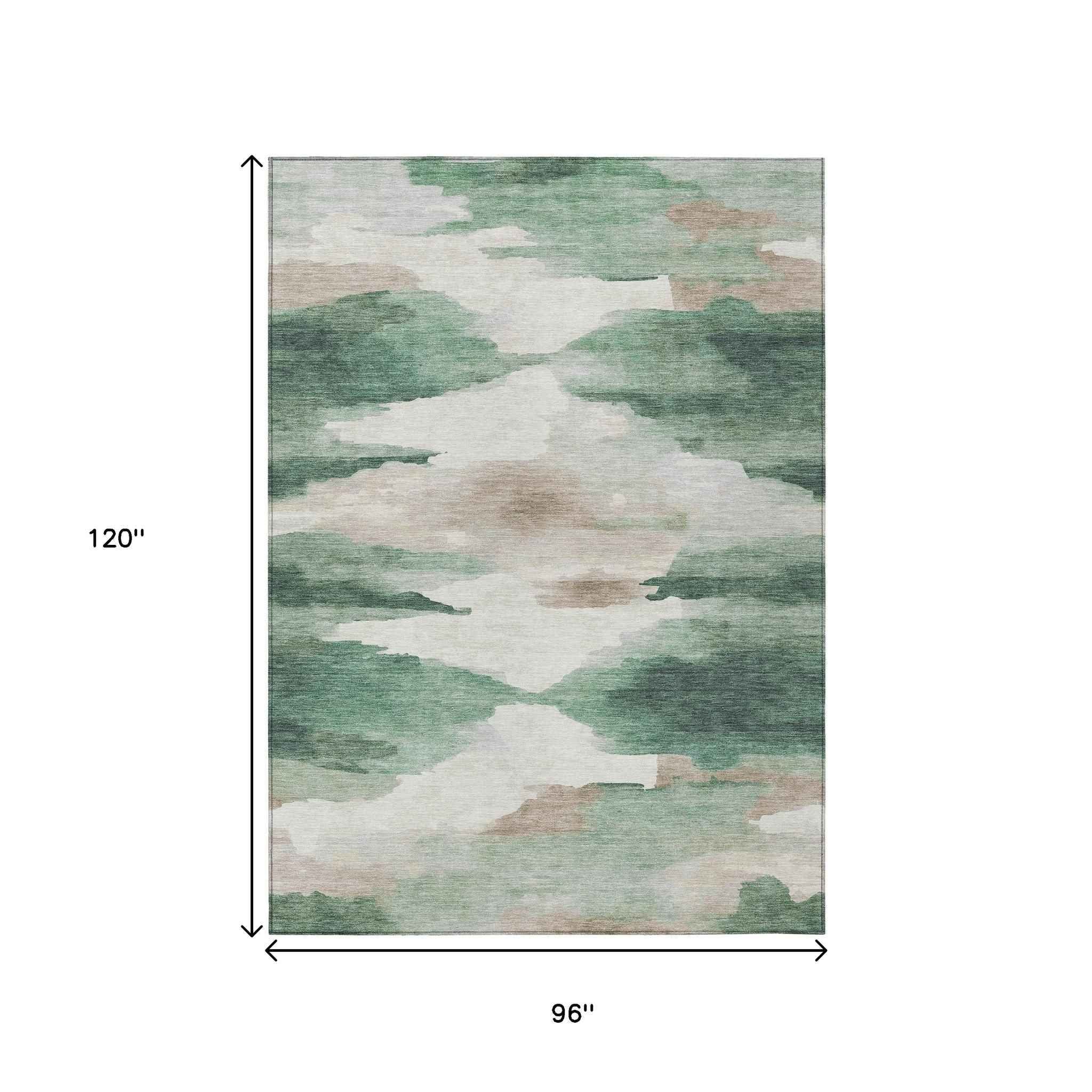 8' X 10' Green And Ivory Abstract Washable Indoor Outdoor Area Rug