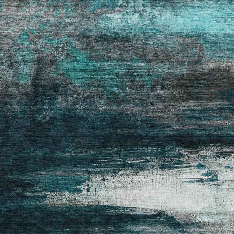 9' X 12' Teal Blue Aqua And Charcoal Abstract Washable Indoor Outdoor Area Rug