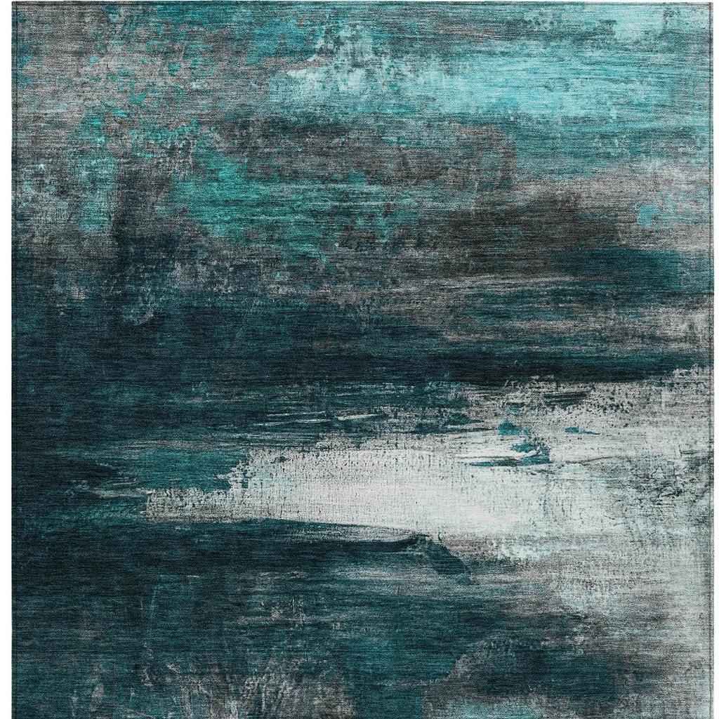 9' X 12' Teal Blue Aqua And Charcoal Abstract Washable Indoor Outdoor Area Rug