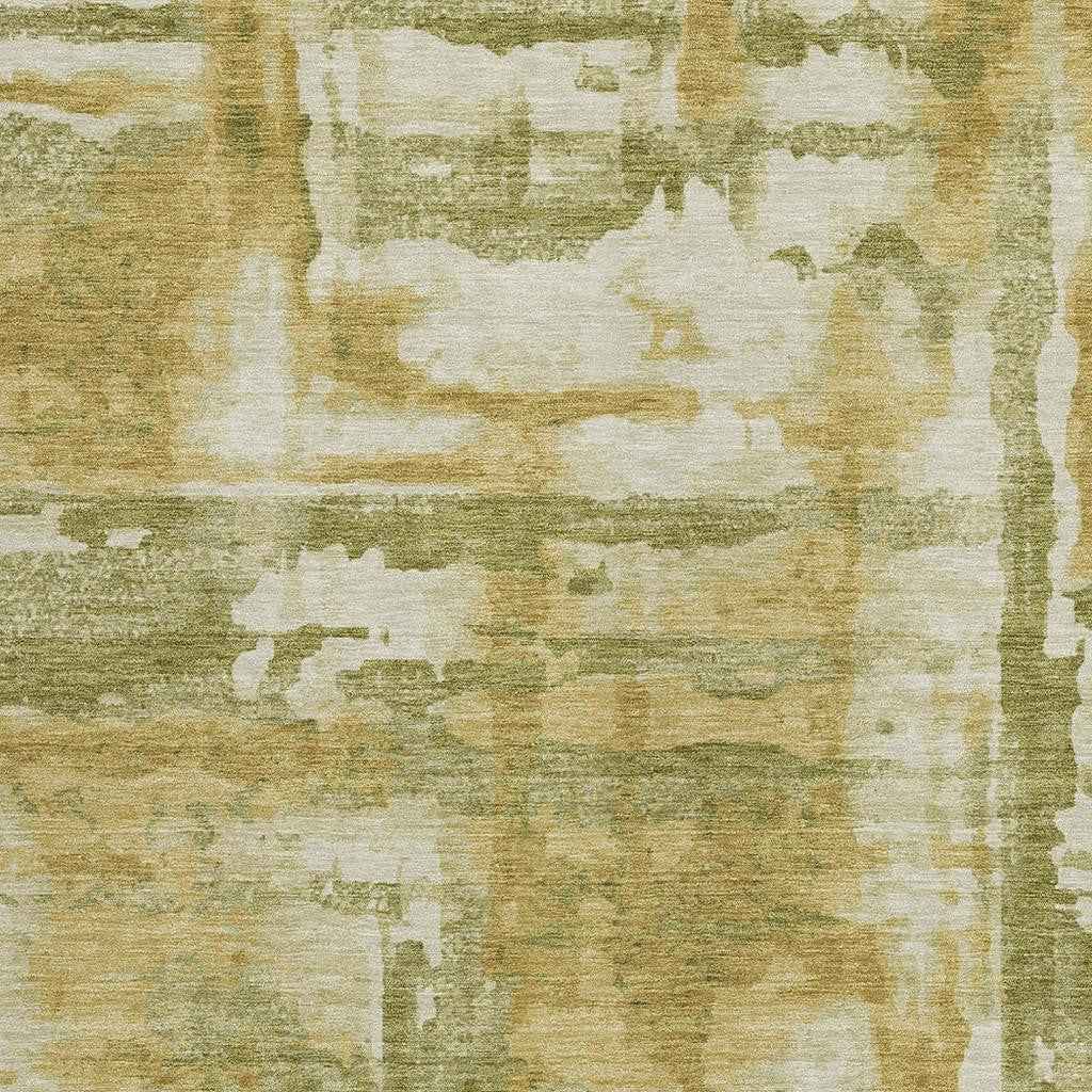 3' X 5' Artichoke Green And Gold Abstract Washable Indoor Outdoor Area Rug