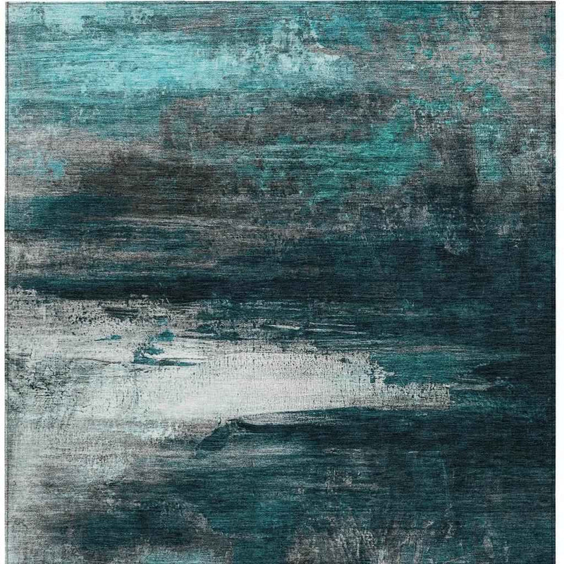 10' X 14' Teal Blue Aqua And Charcoal Abstract Washable Indoor Outdoor Area Rug