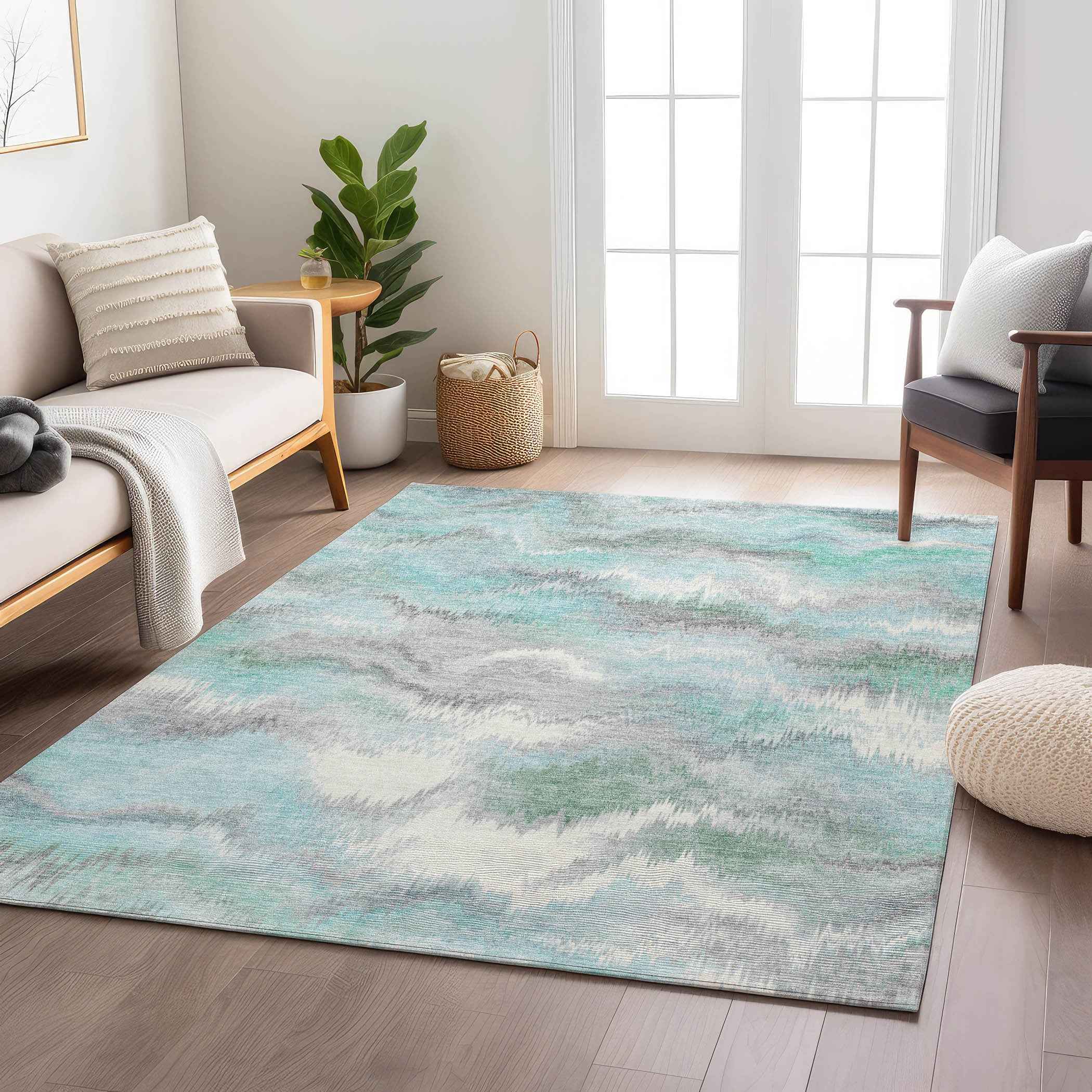 10' X 14' Teal Blue And Ivory Abstract Washable Indoor Outdoor Area Rug