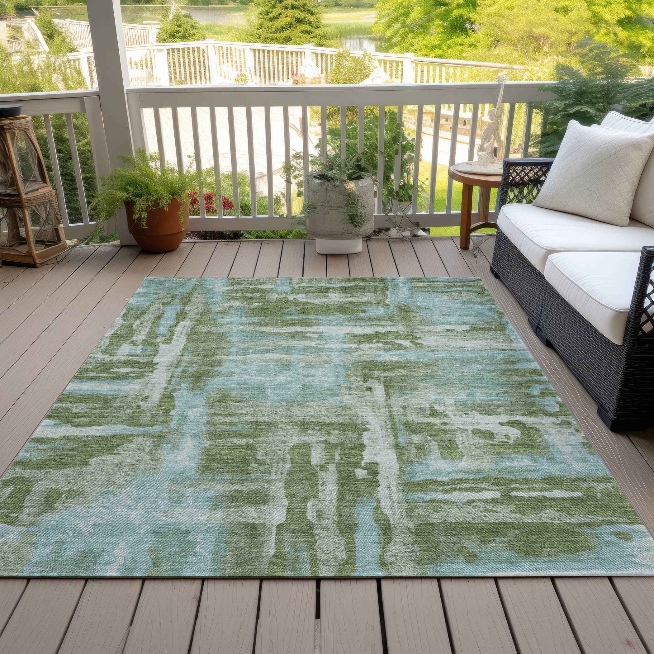 9' X 12' Fern Green And Sky Blue Abstract Washable Indoor Outdoor Area Rug