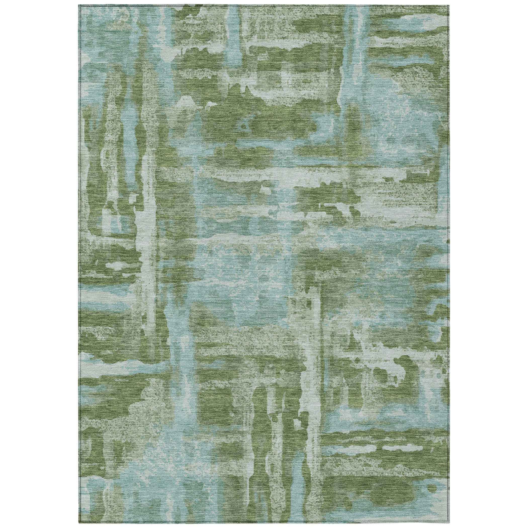 9' X 12' Fern Green And Sky Blue Abstract Washable Indoor Outdoor Area Rug