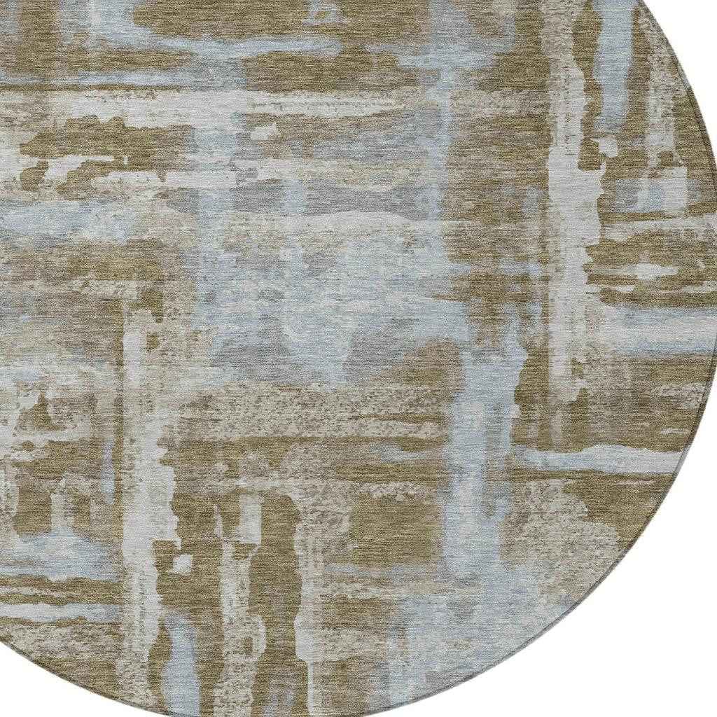 8' Brown And Sky Blue Round Abstract Washable Indoor Outdoor Area Rug