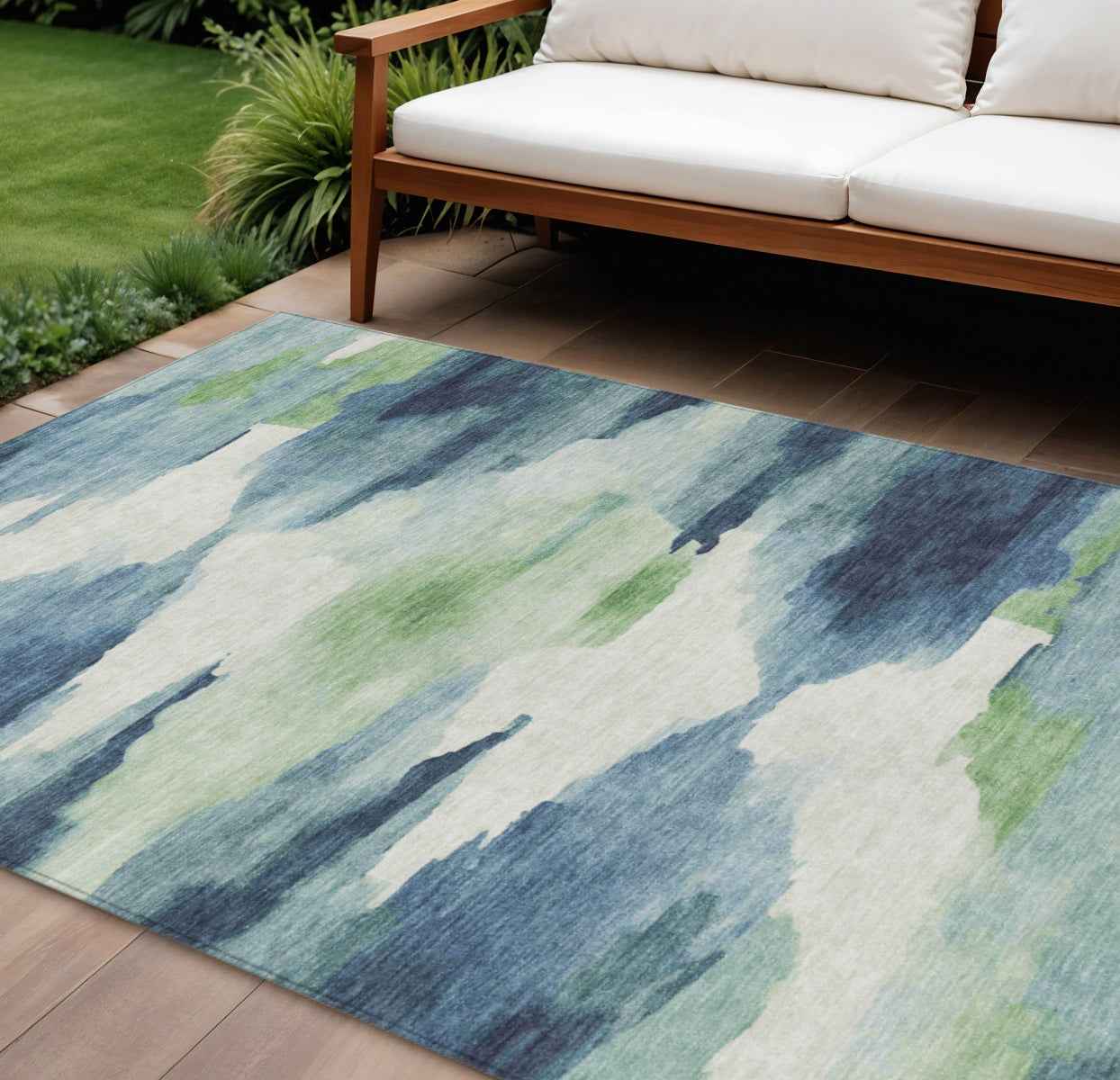 8' X 10' Blue Ivory And Green Abstract Washable Indoor Outdoor Area Rug