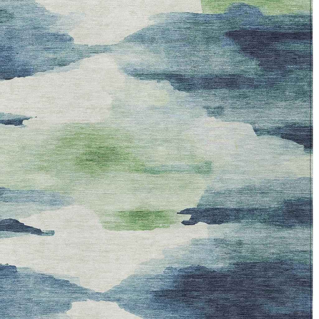 8' X 10' Blue Ivory And Green Abstract Washable Indoor Outdoor Area Rug