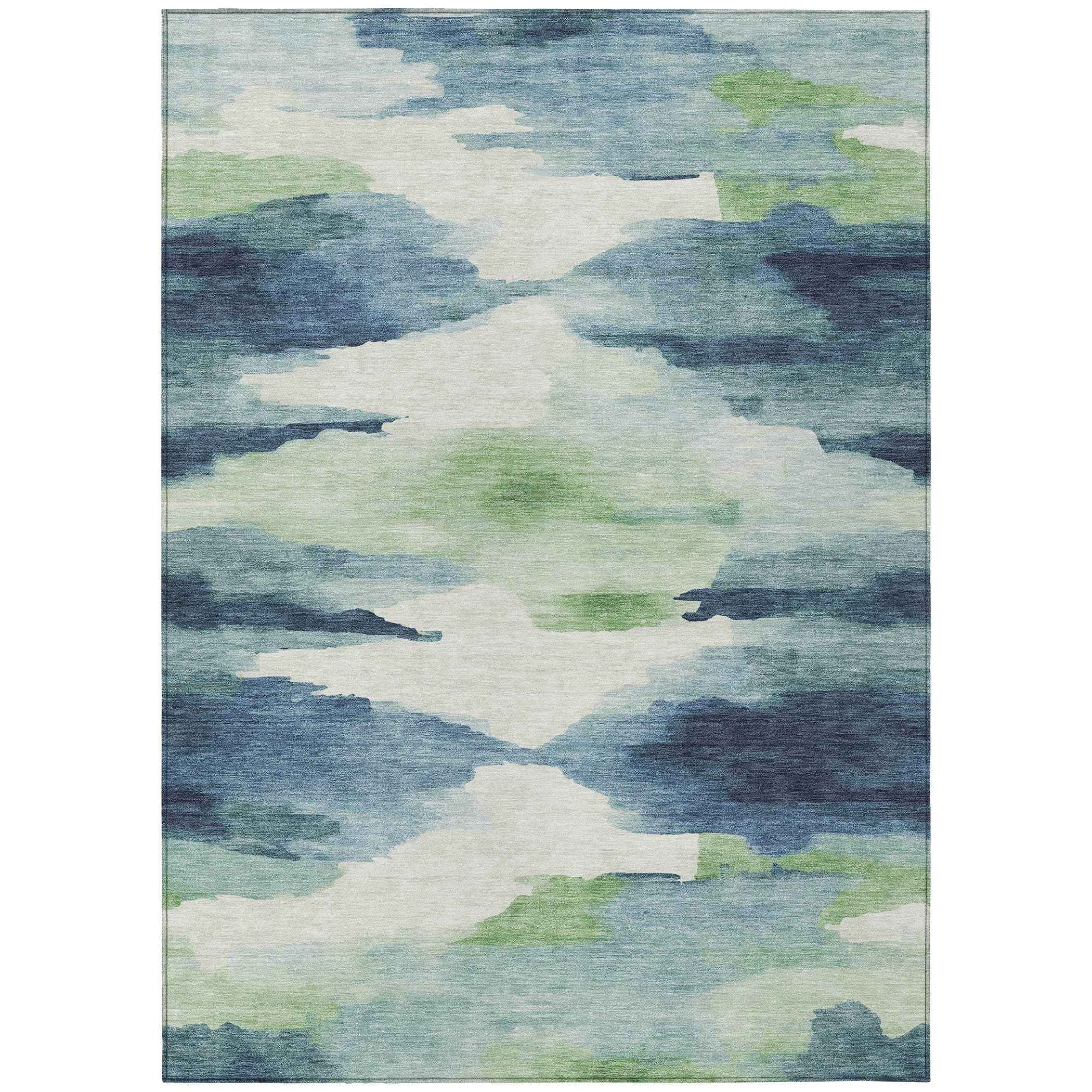 8' X 10' Blue Ivory And Green Abstract Washable Indoor Outdoor Area Rug