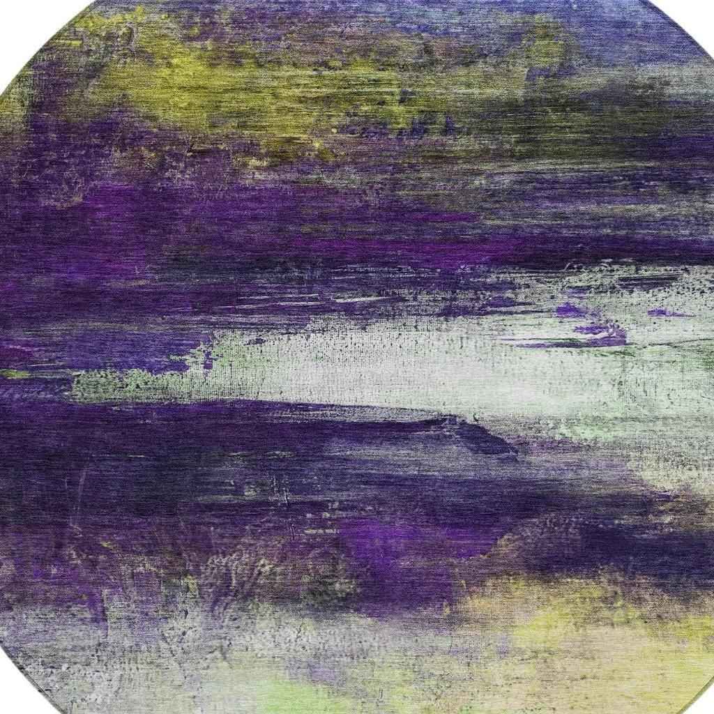 8' Purple Yellow And Ivory Round Abstract Washable Indoor Outdoor Area Rug