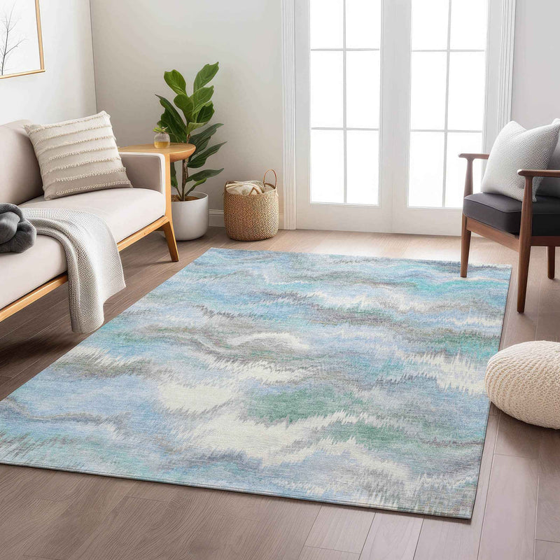 8' X 10' Denim Blue And Ivory Abstract Washable Indoor Outdoor Area Rug