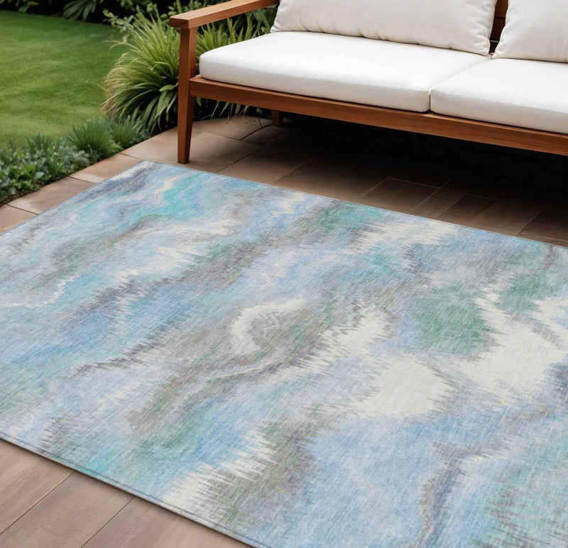 8' X 10' Denim Blue And Ivory Abstract Washable Indoor Outdoor Area Rug