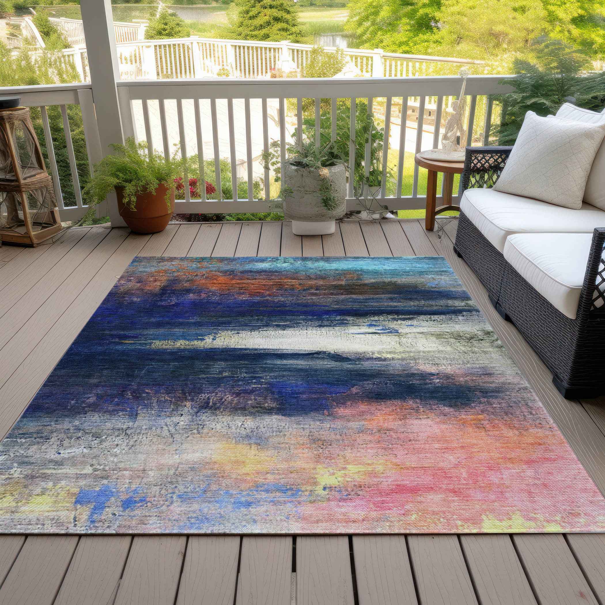 10' X 14' Blue Rust And Pink Abstract Washable Indoor Outdoor Area Rug
