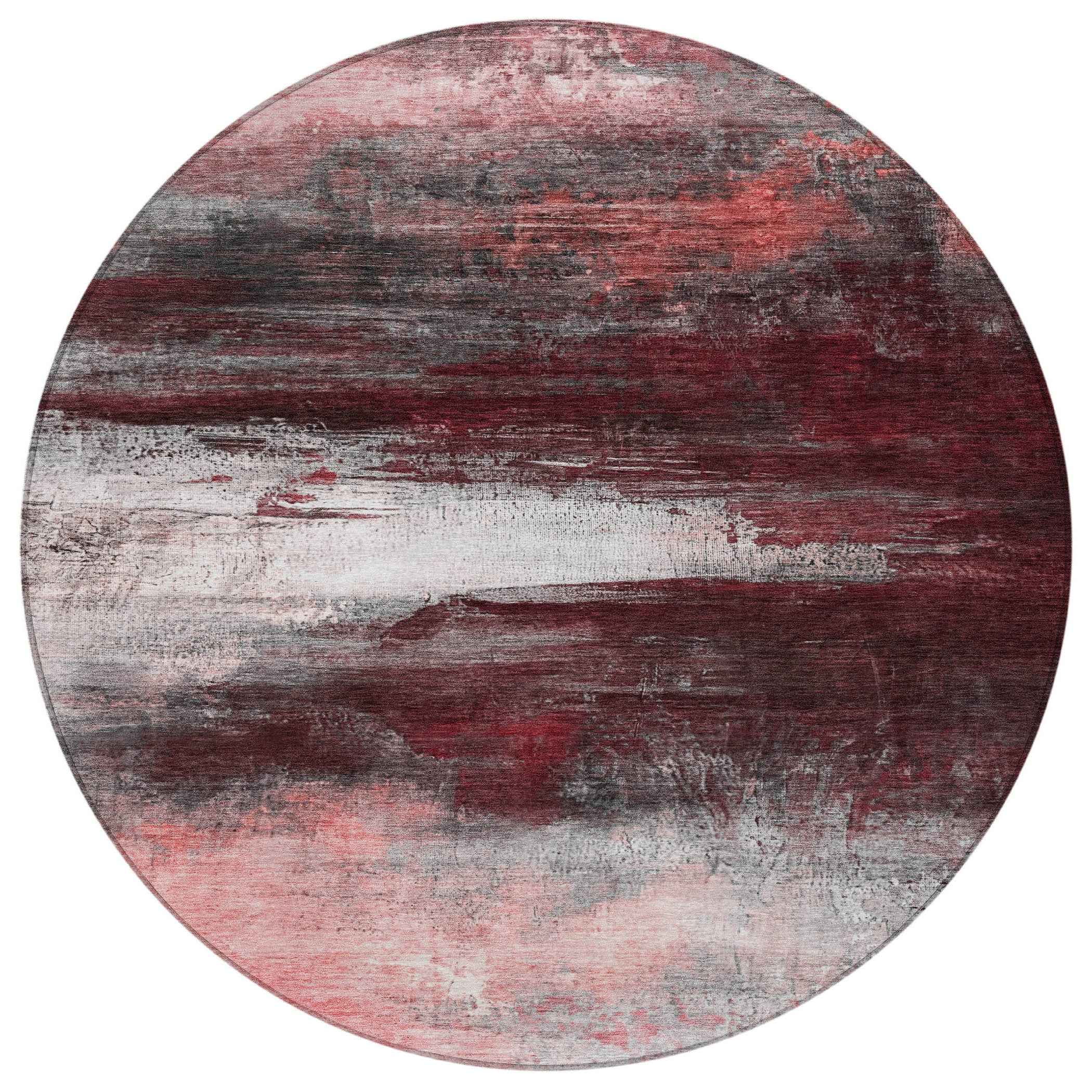 8' Merlot Charcoal And Ivory Round Abstract Washable Indoor Outdoor Area Rug