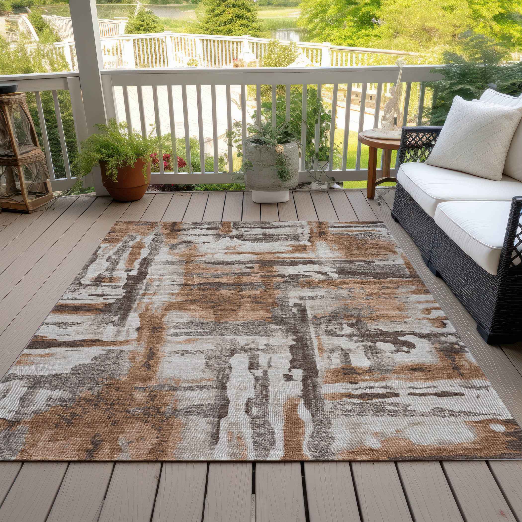 5' X 8' Rust And Taupe Abstract Washable Indoor Outdoor Area Rug