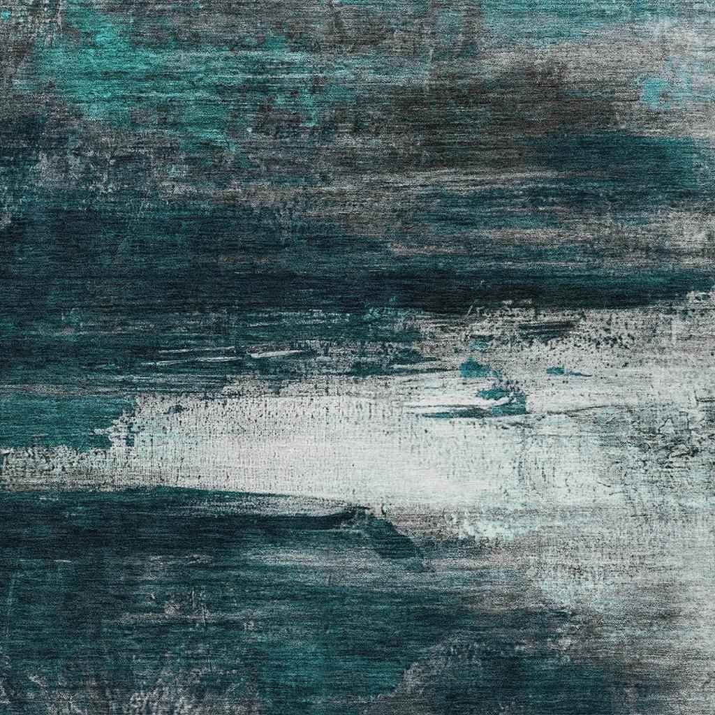 8' X 10' Teal Blue Aqua And Charcoal Abstract Washable Indoor Outdoor Area Rug