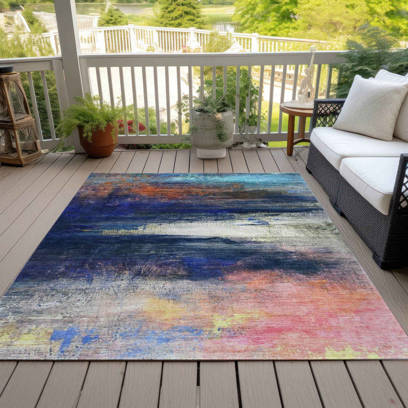 9' X 12' Blue Rust And Pink Abstract Washable Indoor Outdoor Area Rug