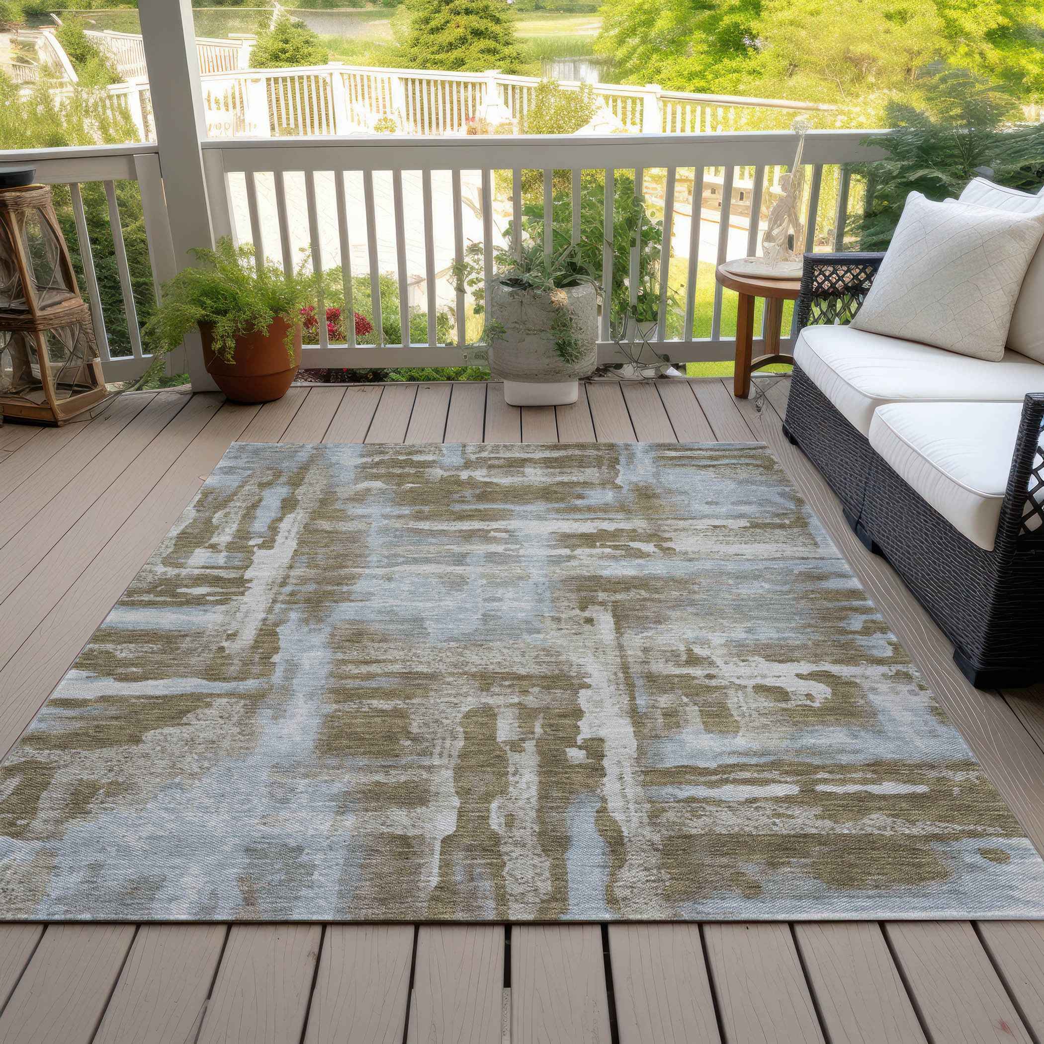 3' X 5' Brown And Sky Blue Abstract Washable Indoor Outdoor Area Rug