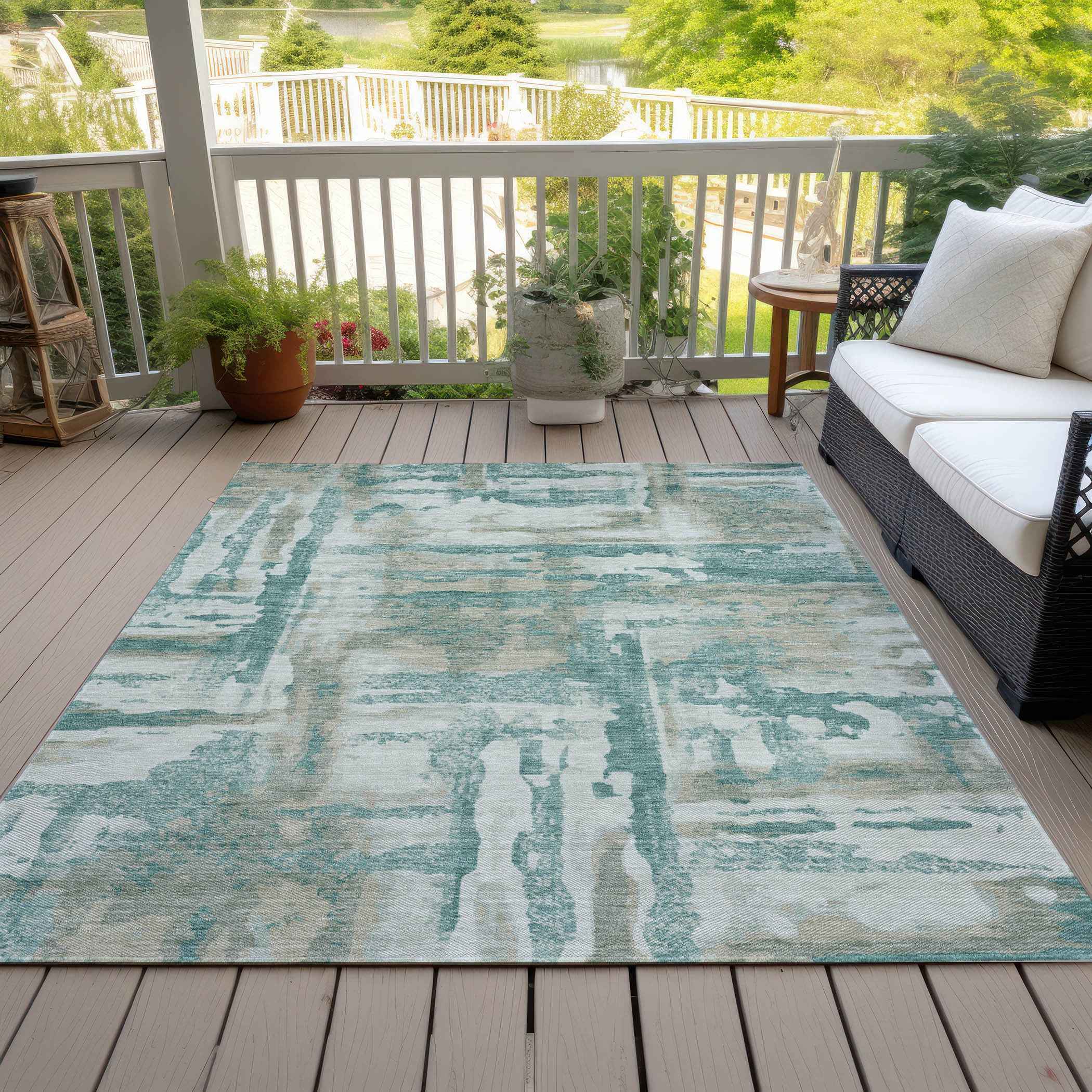 5' X 8' Teal Blue And Ivory Abstract Washable Indoor Outdoor Area Rug
