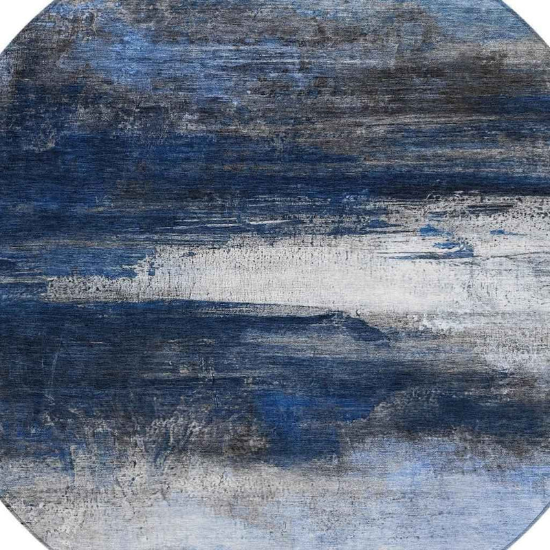 8' Navy Blue Charcoal And Ivory Round Abstract Washable Indoor Outdoor Area Rug