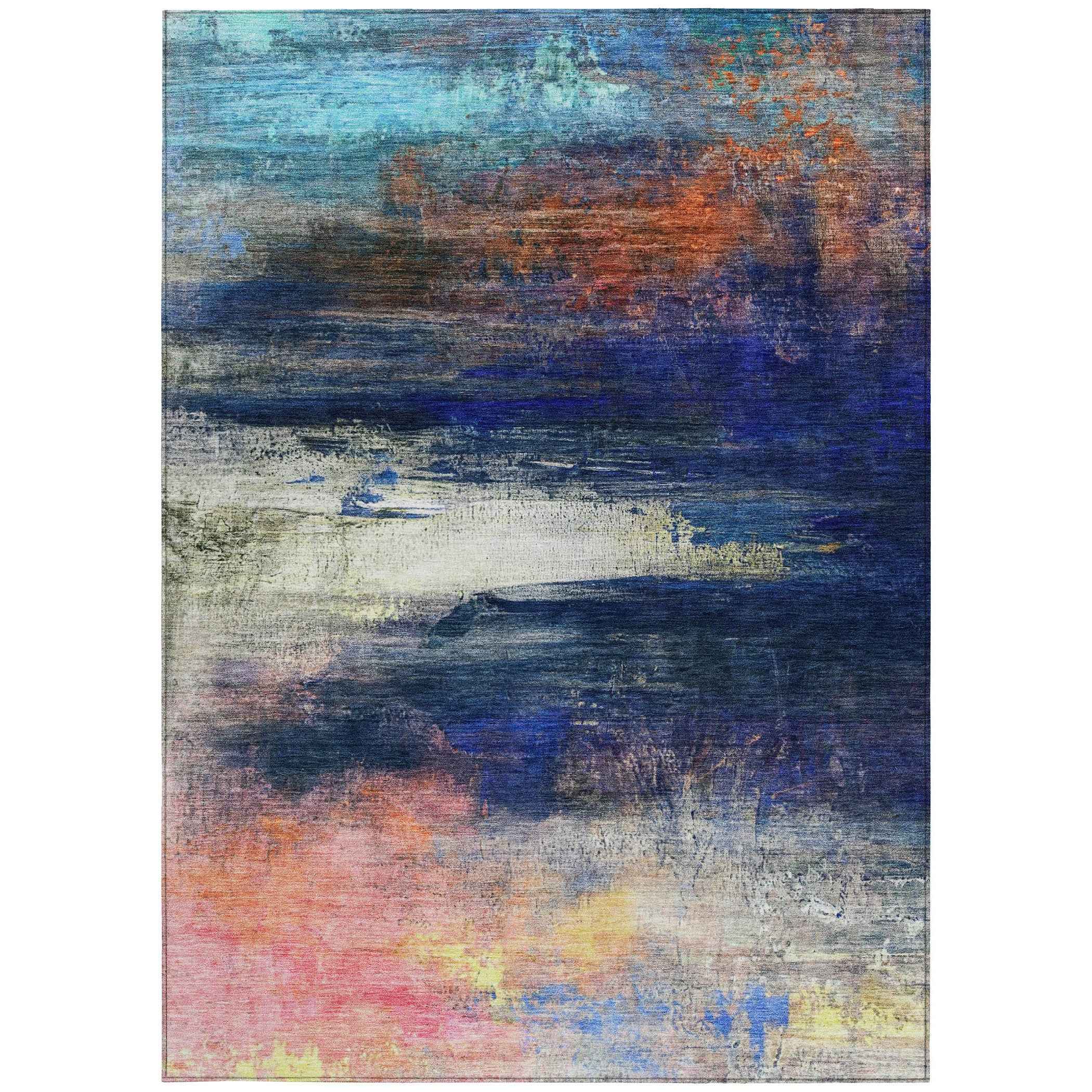 3' X 5' Blue Rust And Pink Abstract Washable Indoor Outdoor Area Rug