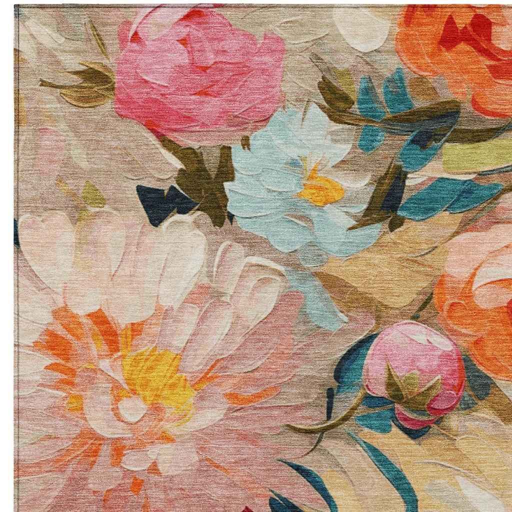 8' X 10' Beige Yellow Teal Blue And Orange Floral Washable Indoor Outdoor Area Rug