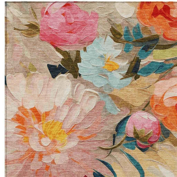 8' X 10' Beige Yellow Teal Blue And Orange Floral Washable Indoor Outdoor Area Rug