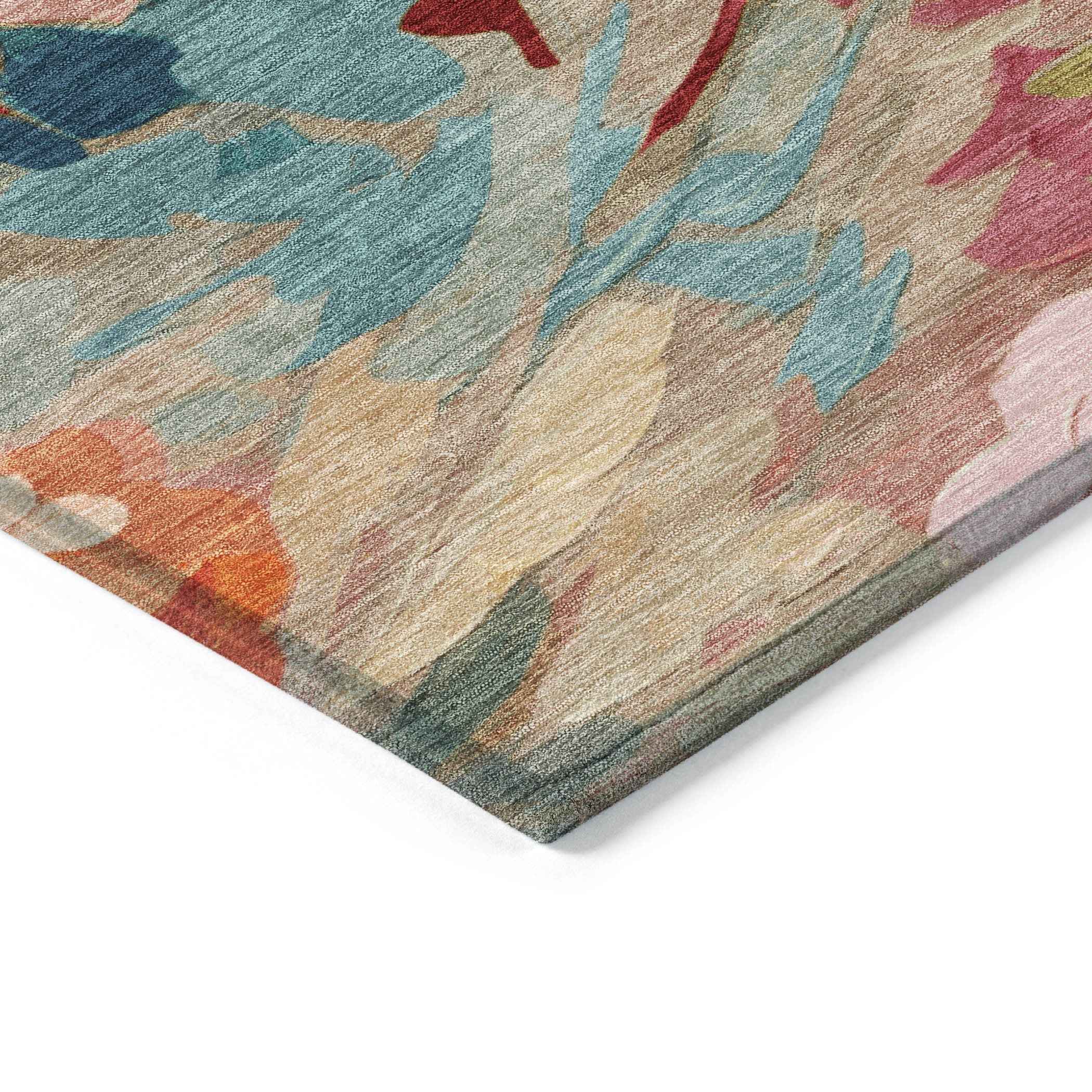 8' X 10' Beige Yellow Teal Blue And Orange Floral Washable Indoor Outdoor Area Rug