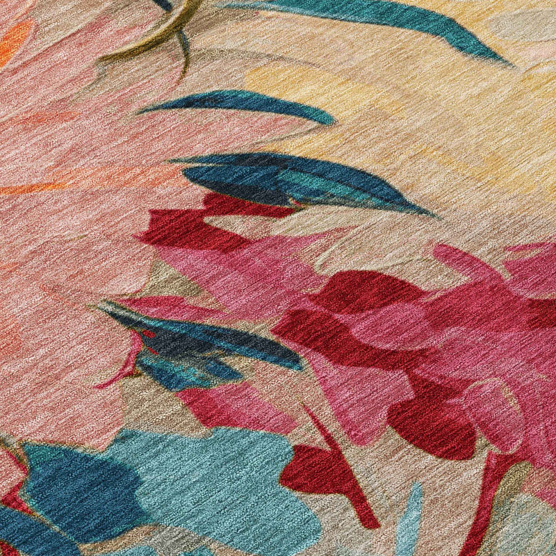 8' X 10' Beige Yellow Teal Blue And Orange Floral Washable Indoor Outdoor Area Rug