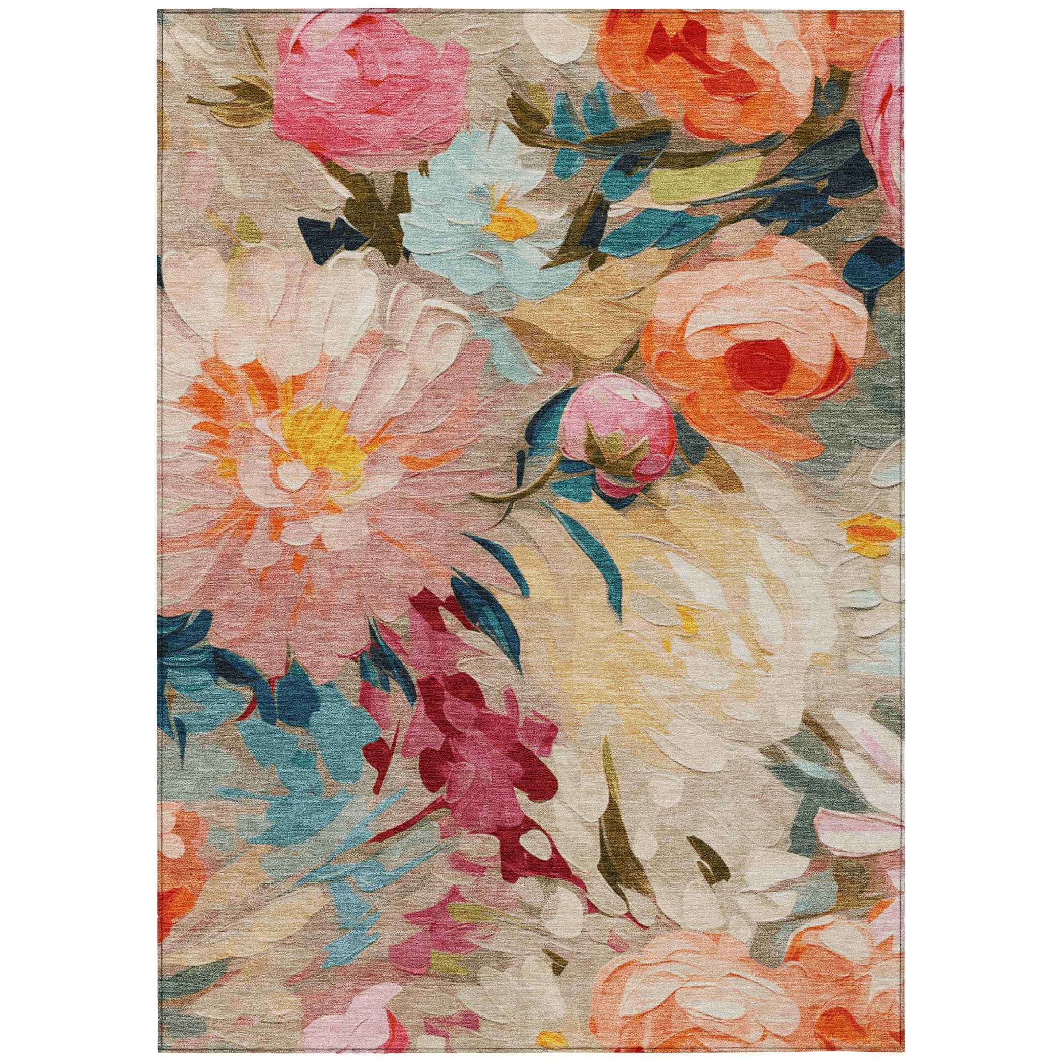 8' X 10' Beige Yellow Teal Blue And Orange Floral Washable Indoor Outdoor Area Rug