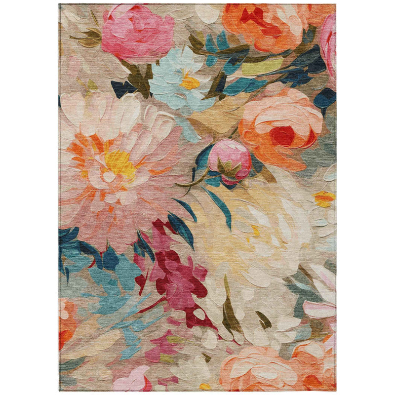 8' X 10' Beige Yellow Teal Blue And Orange Floral Washable Indoor Outdoor Area Rug