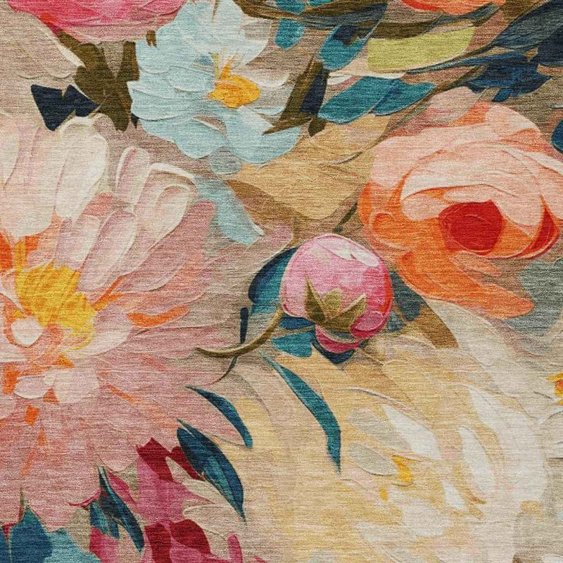 8' X 10' Beige Yellow Teal Blue And Orange Floral Washable Indoor Outdoor Area Rug