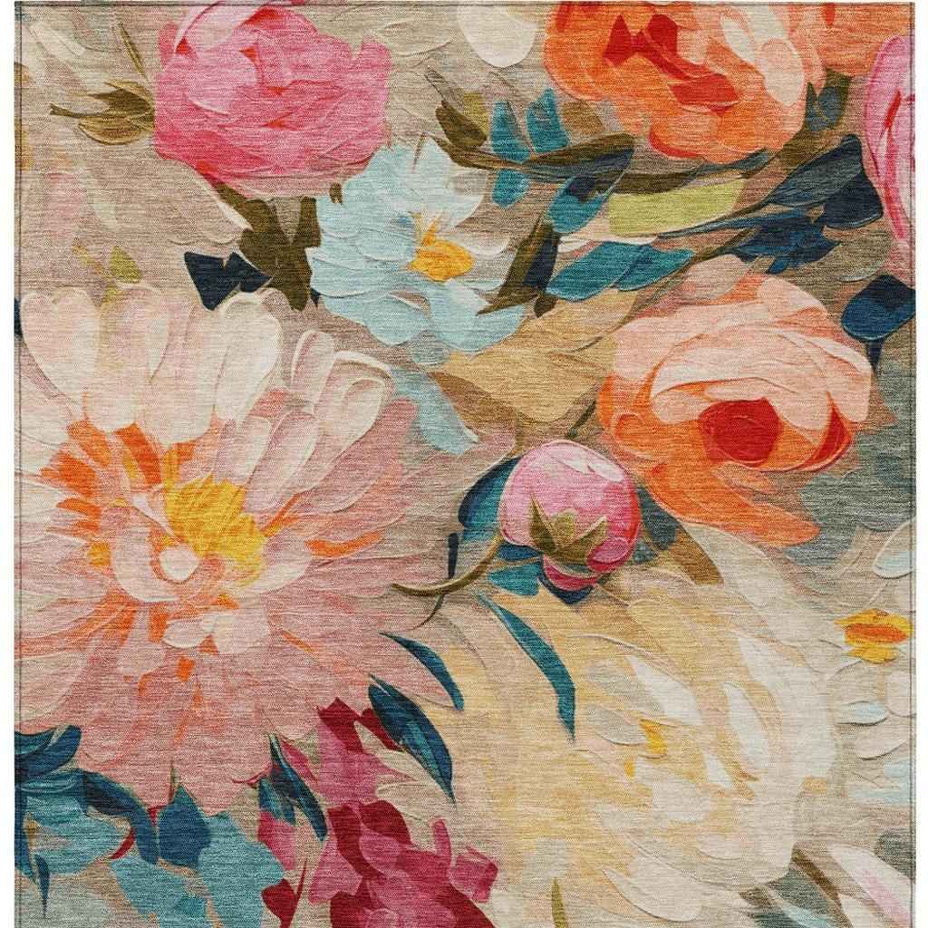 8' X 10' Beige Yellow Teal Blue And Orange Floral Washable Indoor Outdoor Area Rug