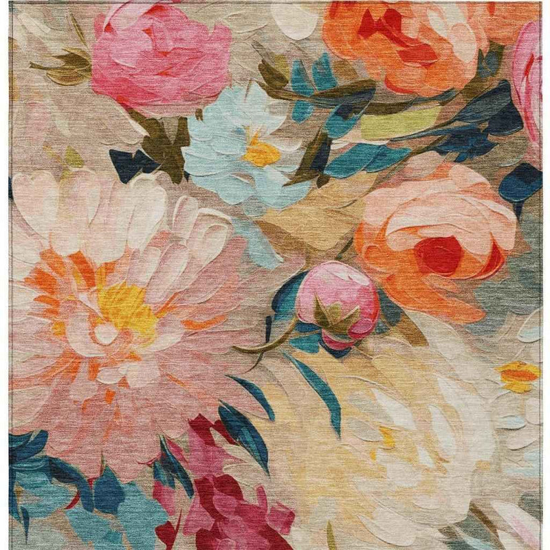 8' X 10' Beige Yellow Teal Blue And Orange Floral Washable Indoor Outdoor Area Rug