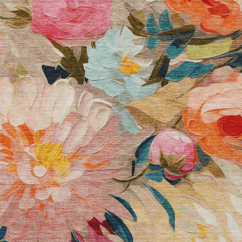 8' X 10' Beige Yellow Teal Blue And Orange Floral Washable Indoor Outdoor Area Rug