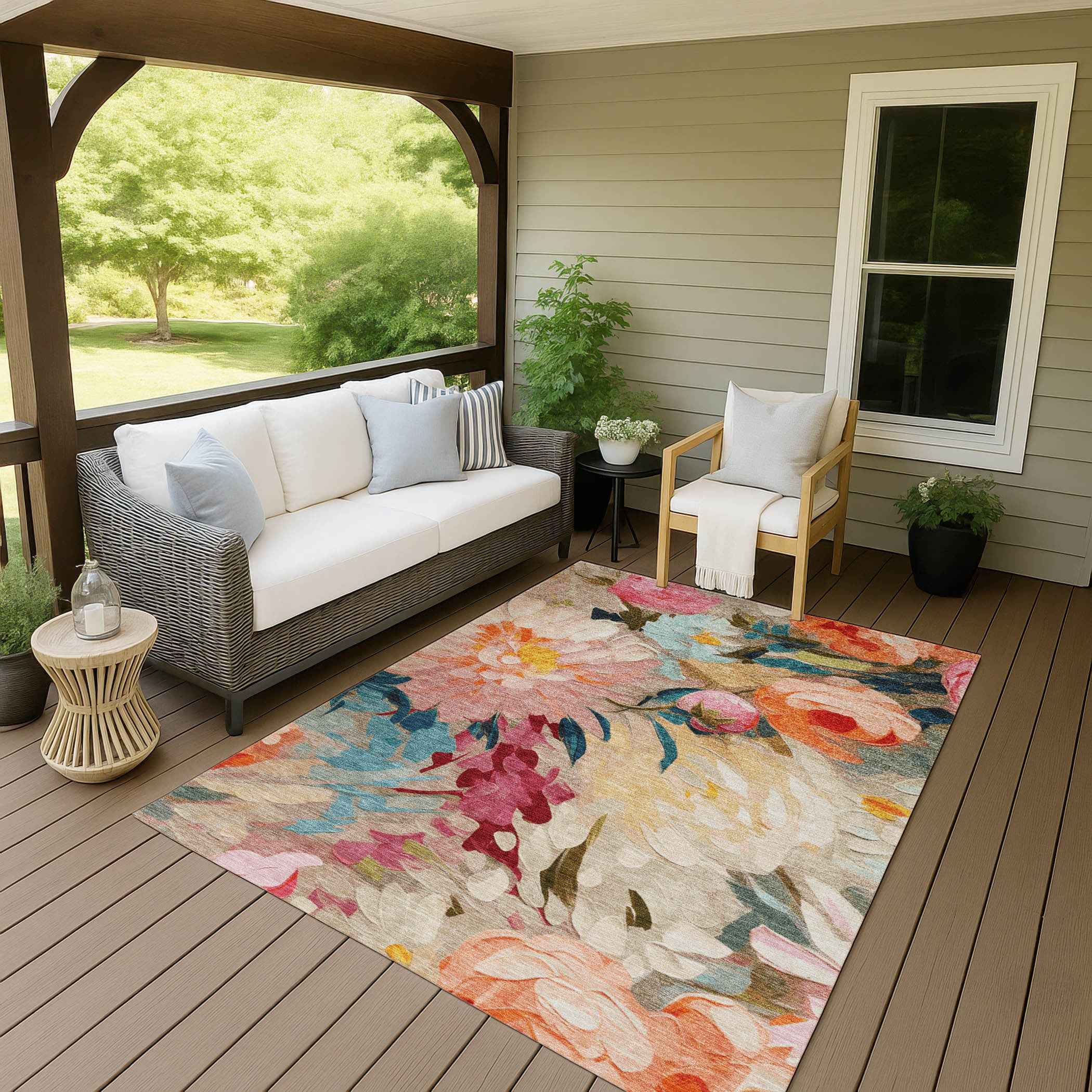 8' X 10' Beige Yellow Teal Blue And Orange Floral Washable Indoor Outdoor Area Rug