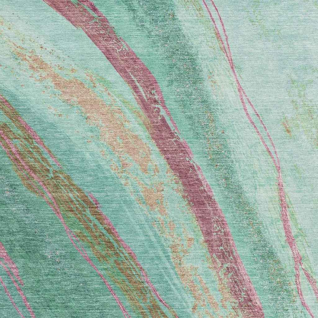 3' X 5' Green Blush And Peach Abstract Washable Indoor Outdoor Area Rug