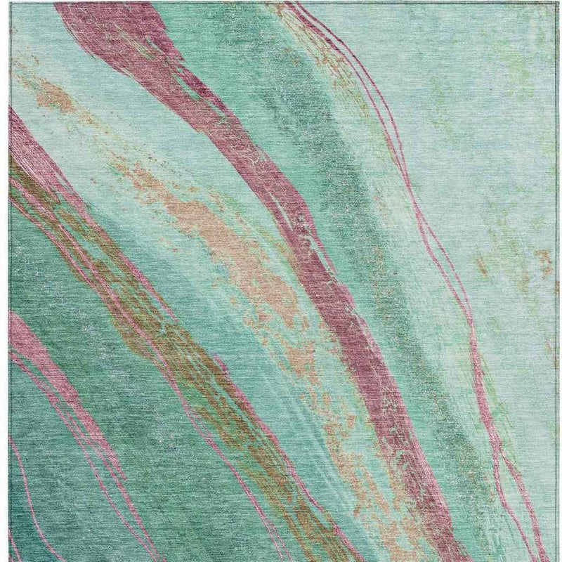 5' X 8' Green Blush And Peach Abstract Washable Indoor Outdoor Area Rug